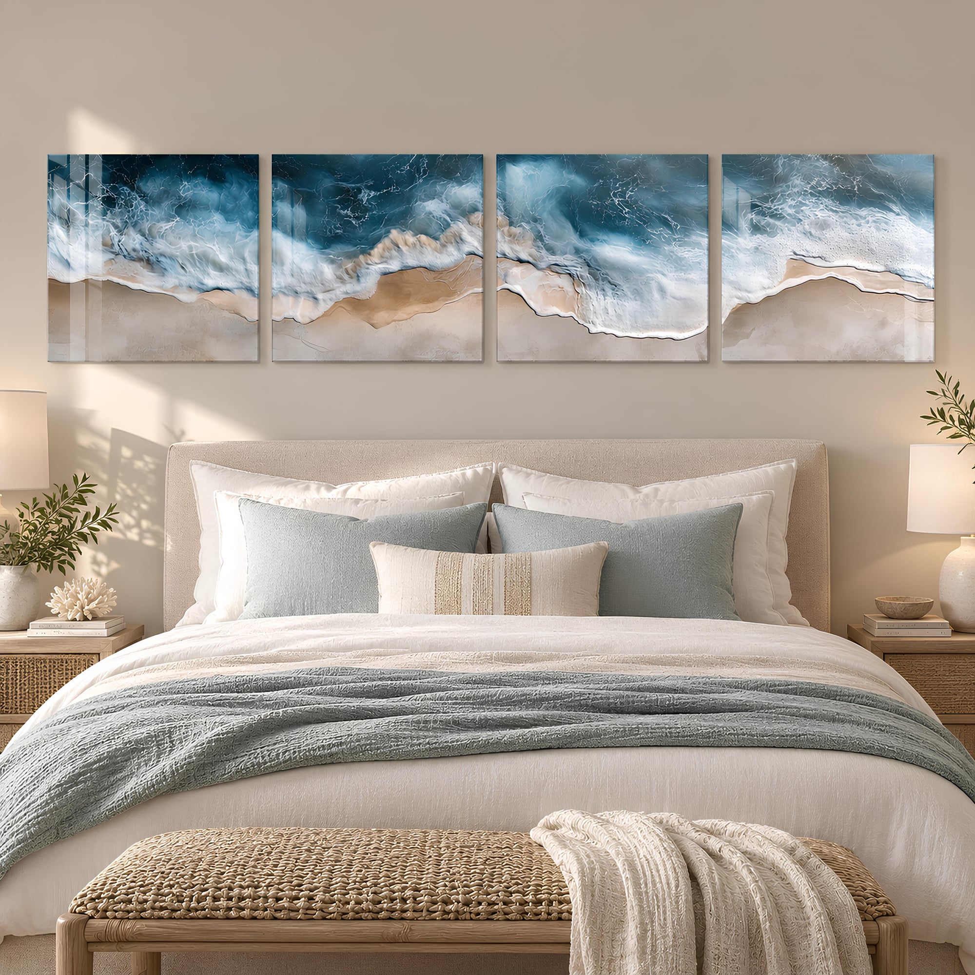 Aerial coastal wave glass wall art above a beige upholstered bed with layered blue linens